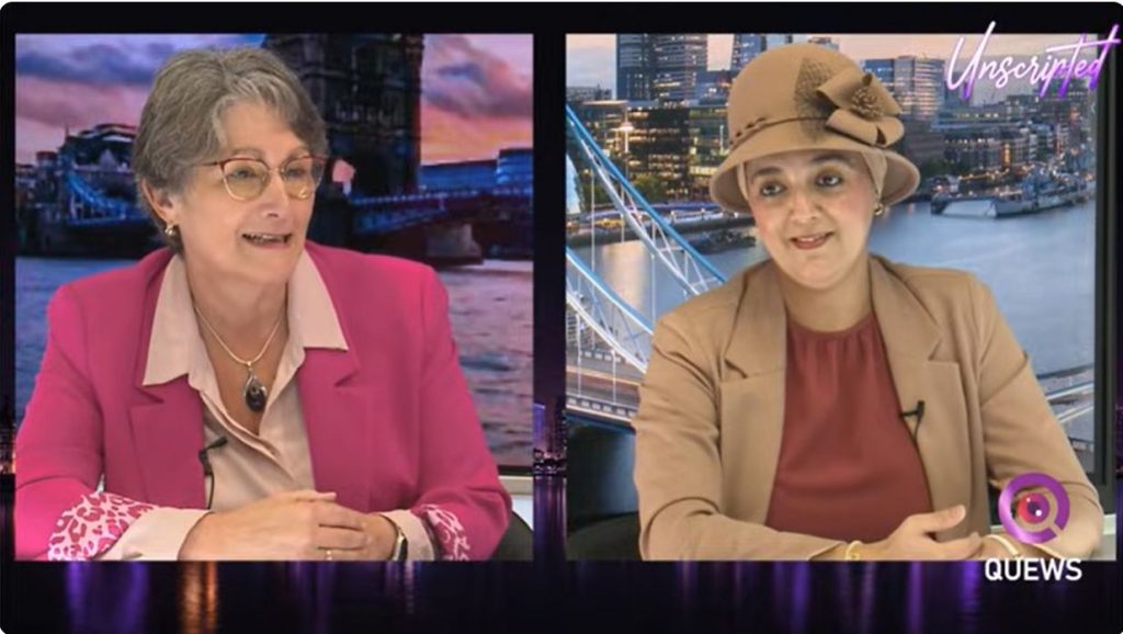 Sally being interviewed by Khadija Zegdi on QUEWS Unscripted about confidence, communication and presentation skills.